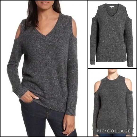 Rebecca Minkoff Marled Charcoal Knit Alpaca Wool Cold Shoulder V-Neck Sweater - Picture 6 of 13